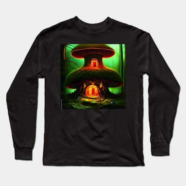 Magical Big Cottage Mushroom House with Lights in Forest with High Trees, Mushroom Aesthetic Long Sleeve T-Shirt by Promen Art